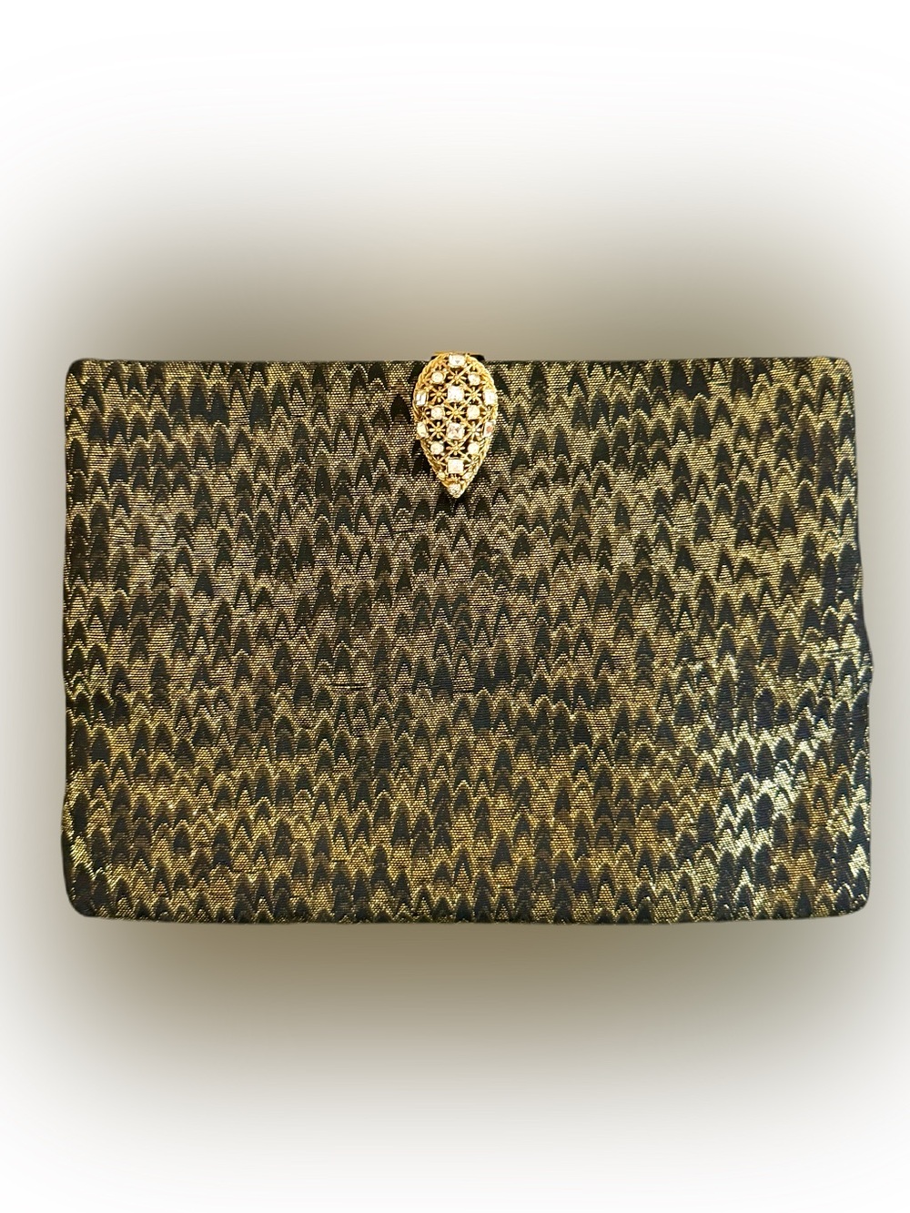 Vintage Koret Gold Black Brocade Evening Clutch Rhinestone Embellished Closure